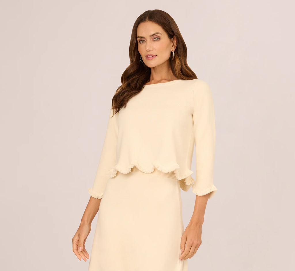 Three Quarter Sleeve Scallop Fringe Sweater In Cream