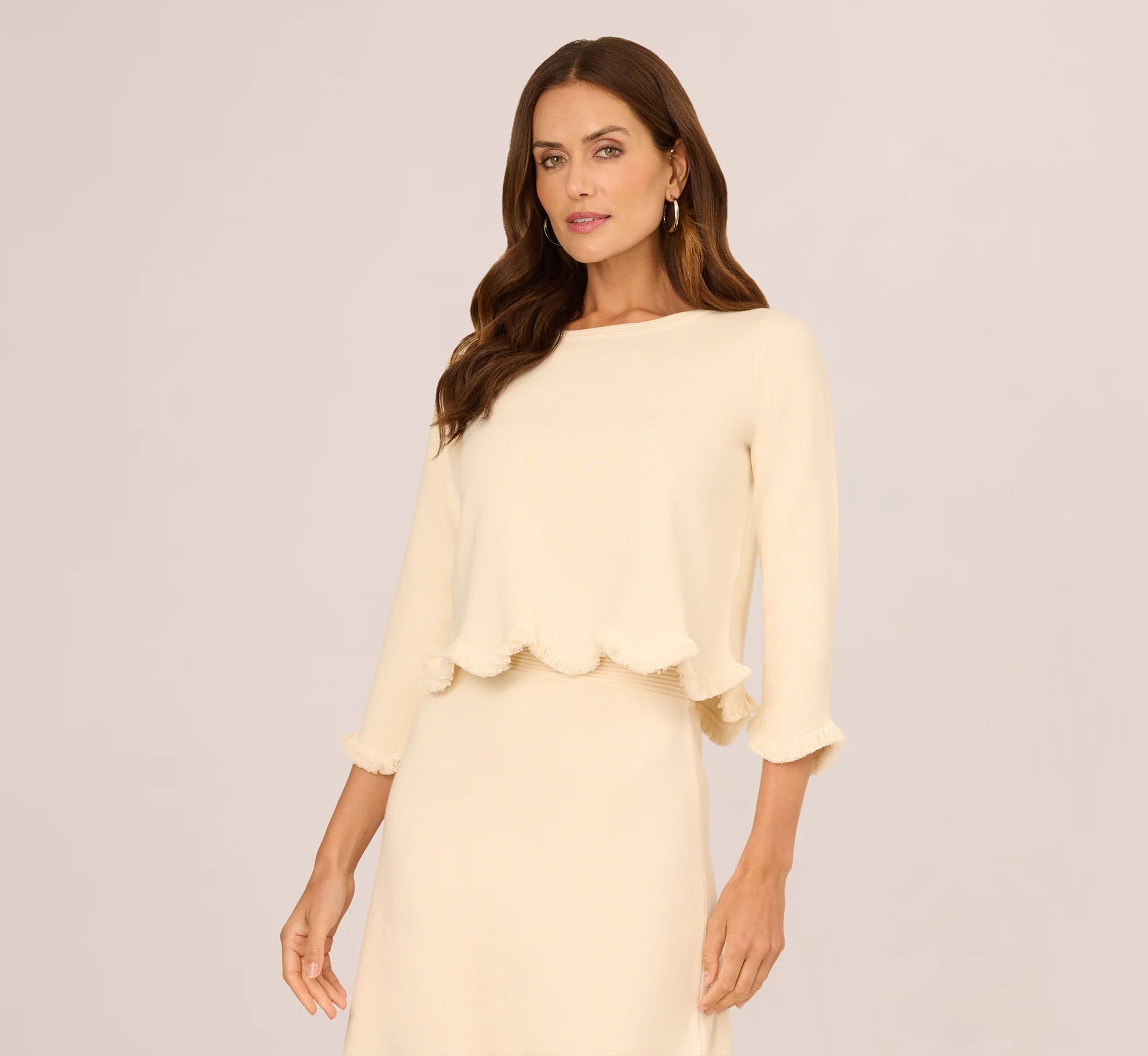 Three Quarter Sleeve Scallop Fringe Sweater In Cream