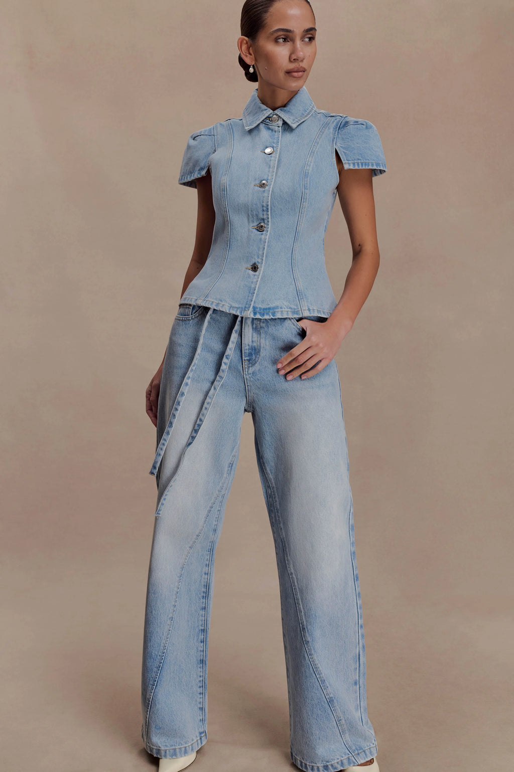 Perrie Mid Rise Straight Leg Tie Jeans - Washed Light Blue