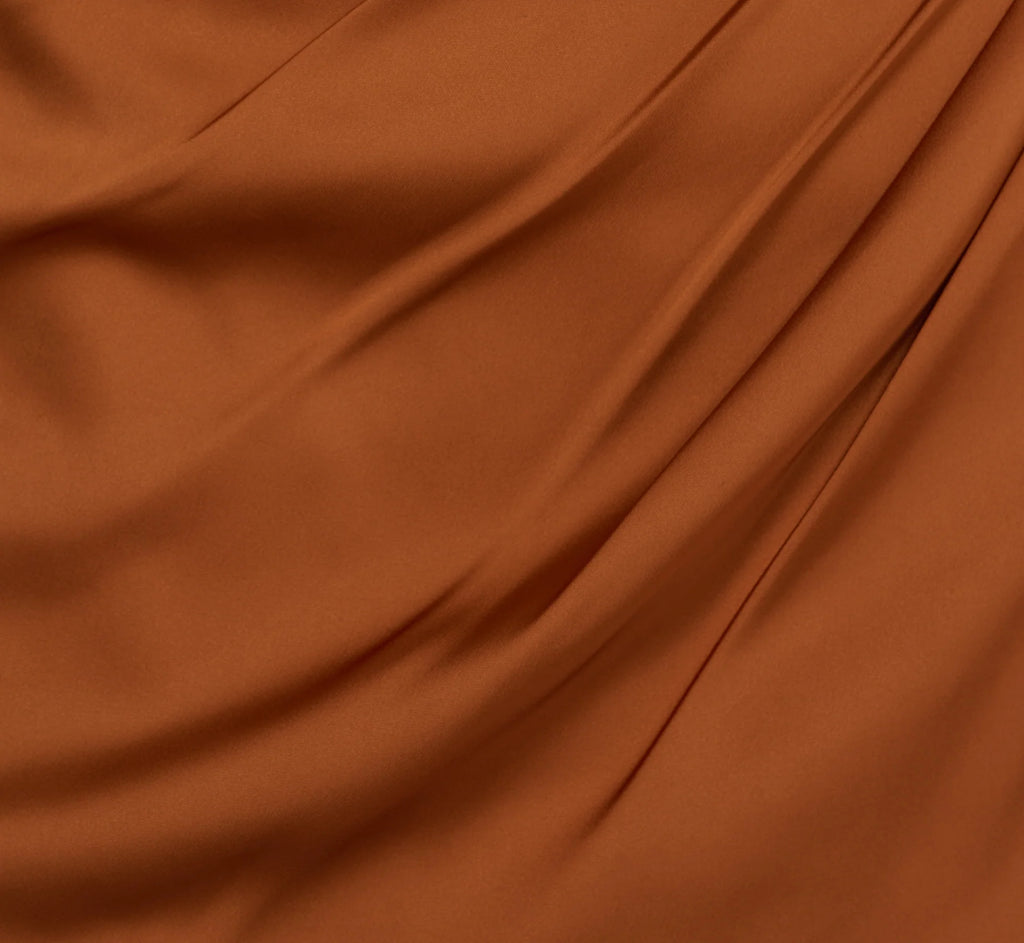 One Shoulder Ruched Satin Gown In Cinnamon