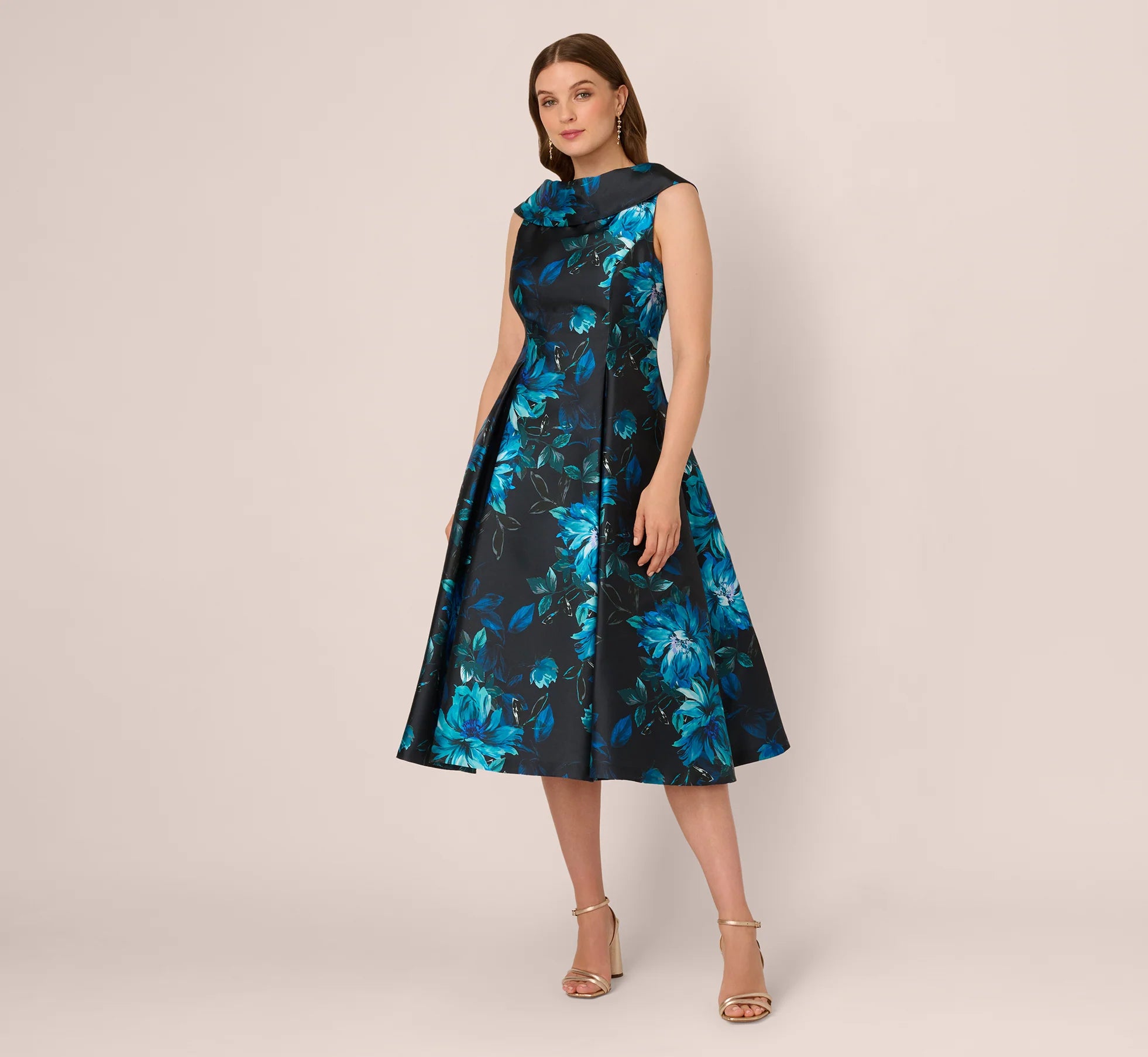 Sleeveless Roll Collar Floral Midi Dress In Navy Multi