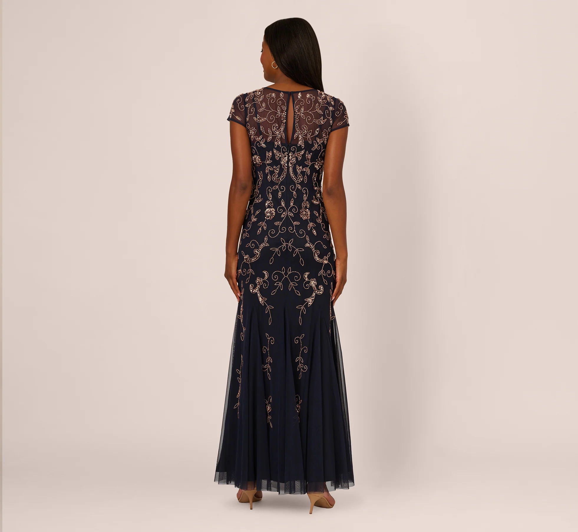 Floral Beaded Godet Gown With Sheer Neck And Short Sleeves In Navy Rosegold