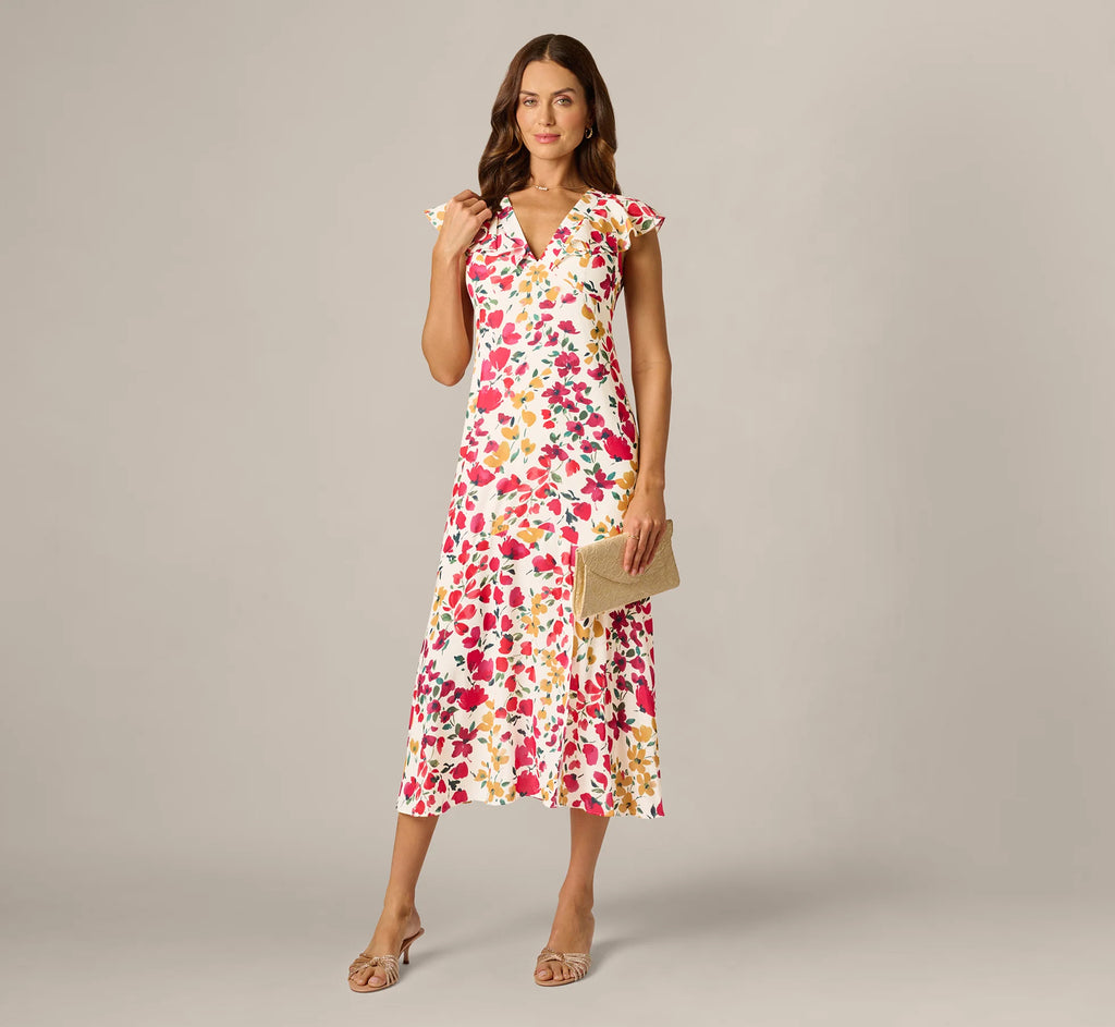 Flounce Collar Floral Print Midi Dress In Ivory Multi