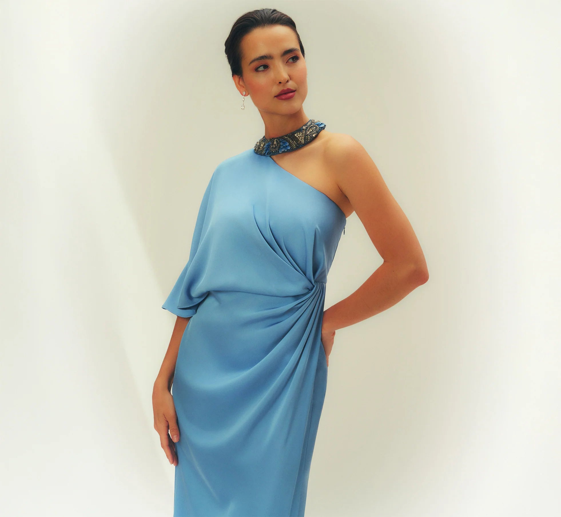 Crepe Back Satin One Shoulder Long Dress In Blue Cloud