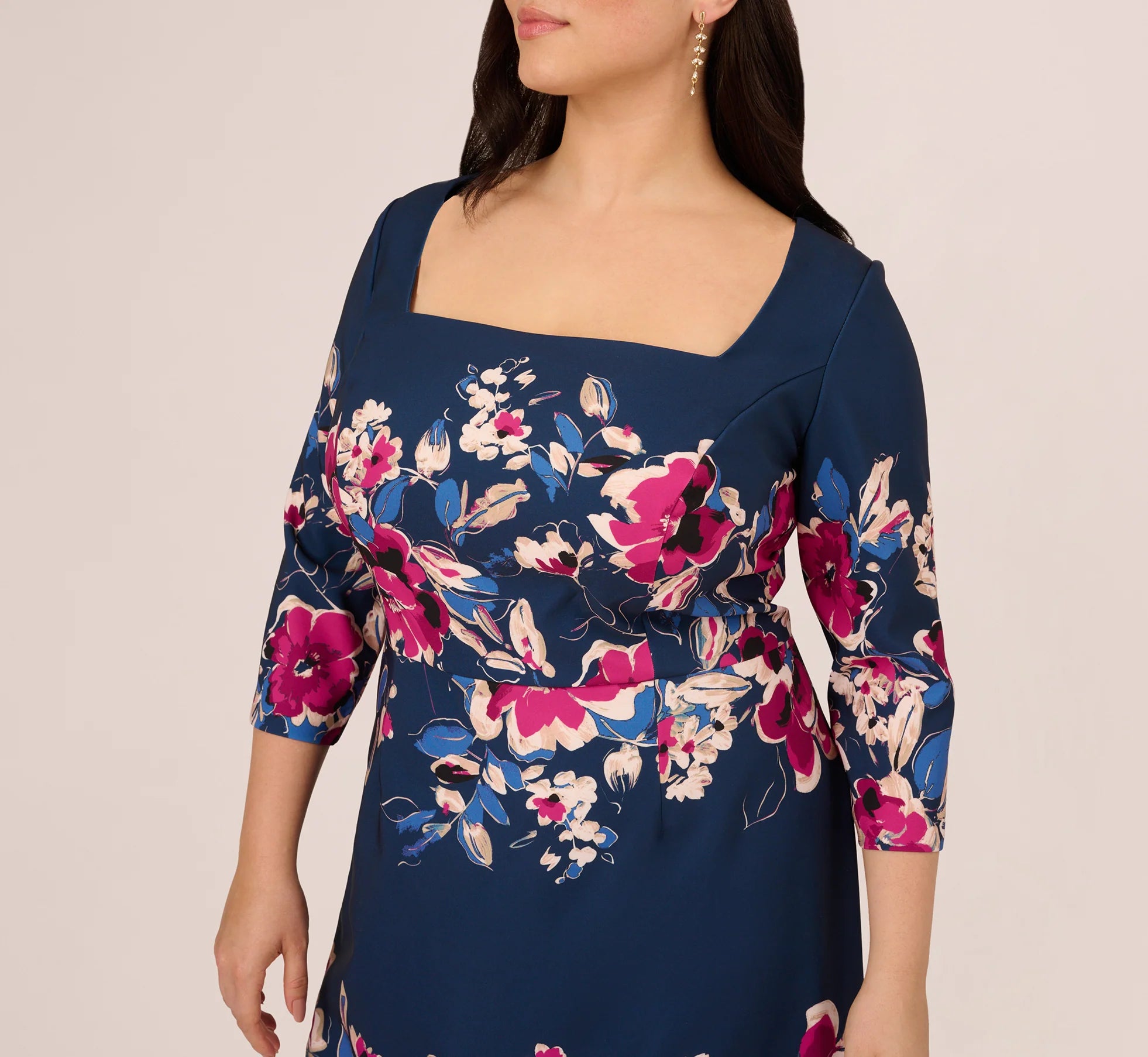 Plus Size Three Quarter Sleeve Floral Sheath Dress In Navy Pink Multi