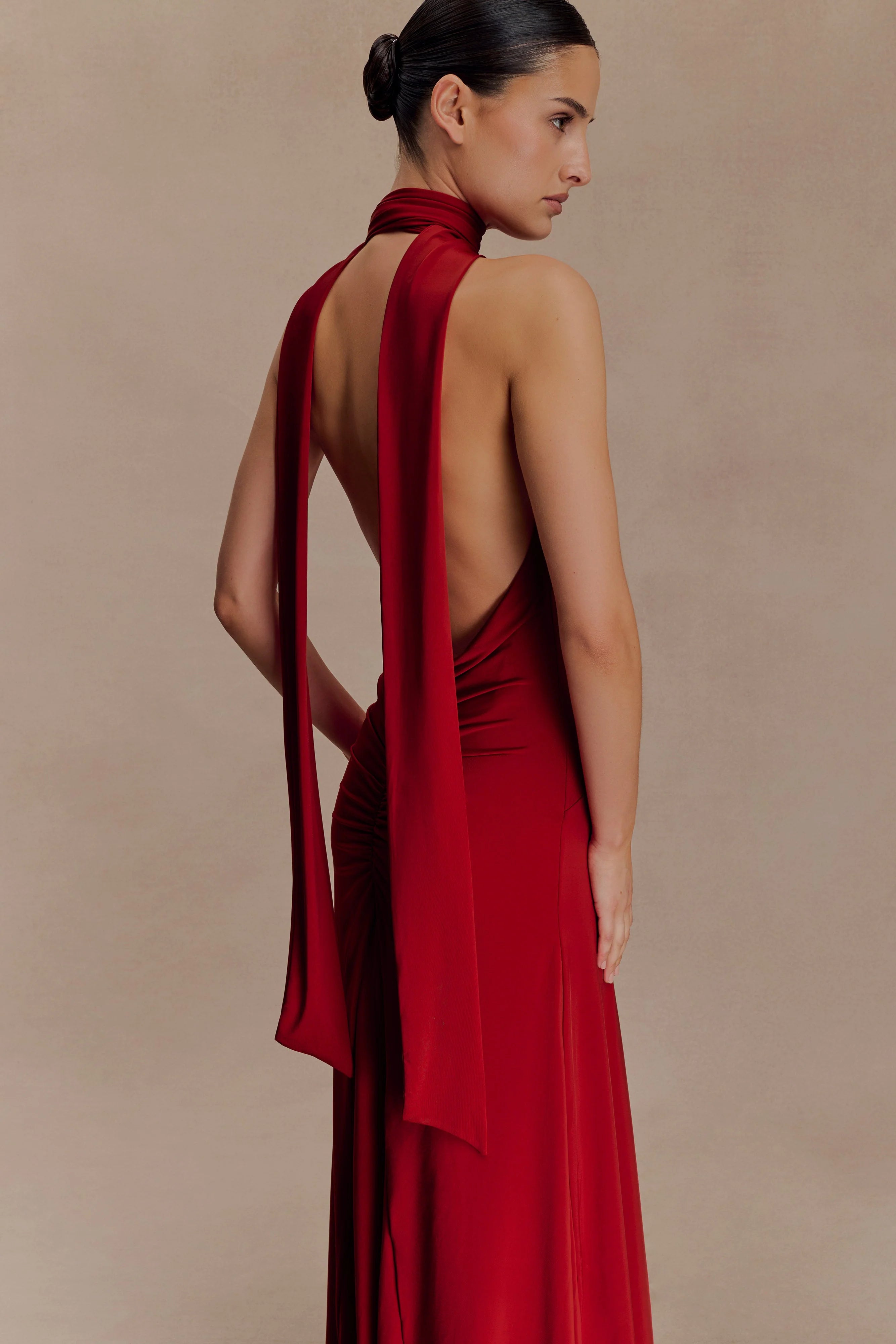 Juliet Slinky Maxi Dress With Scarf - Ruby