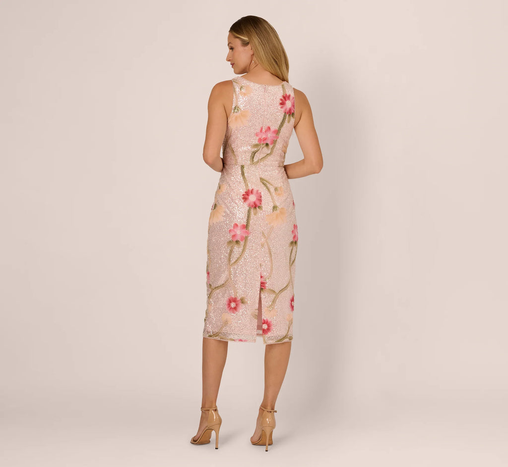 Sequin Floral Midi Sheath Dress In Silver Blush Multi