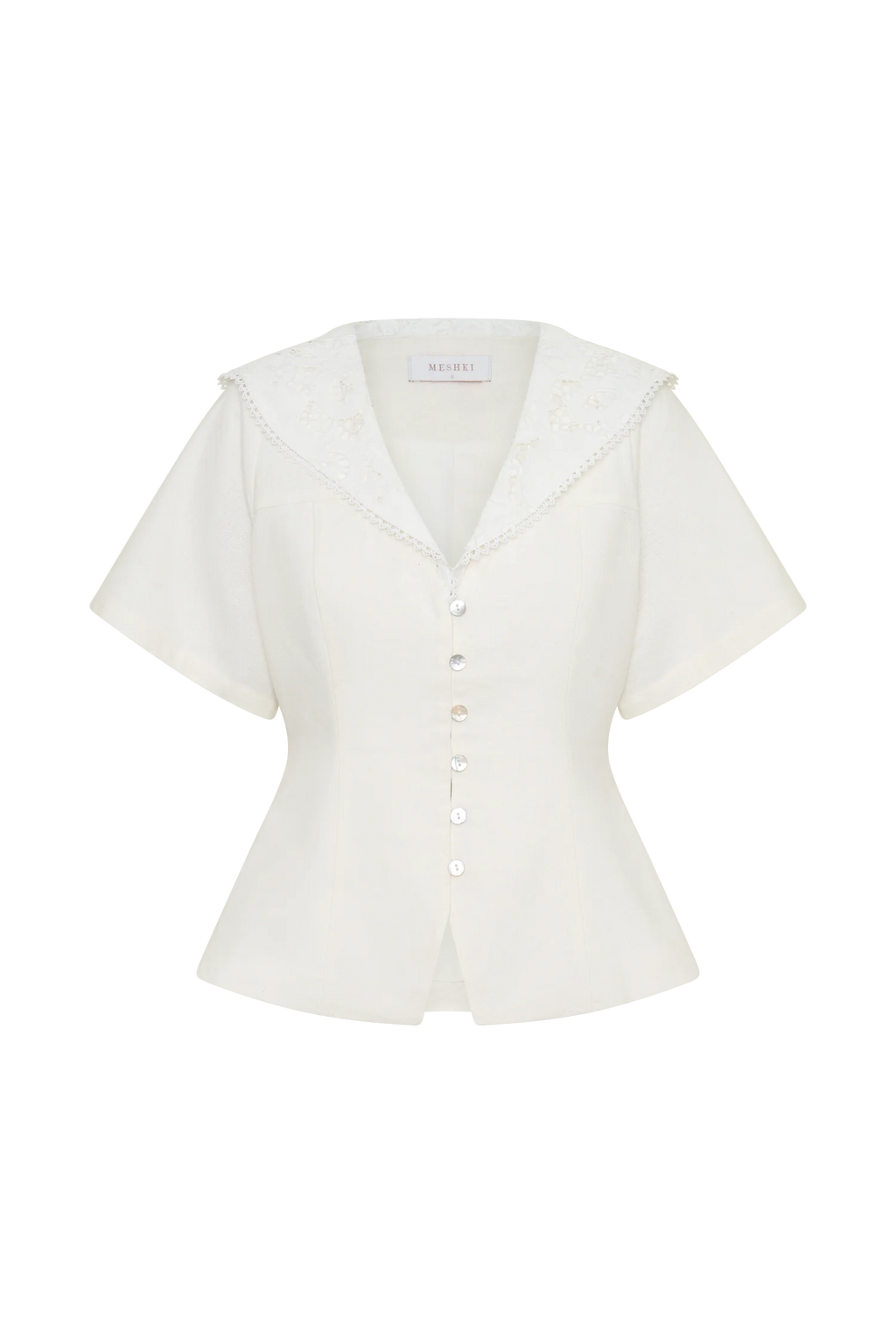 Melody Short Sleeve Shirt With Lace Collar - White