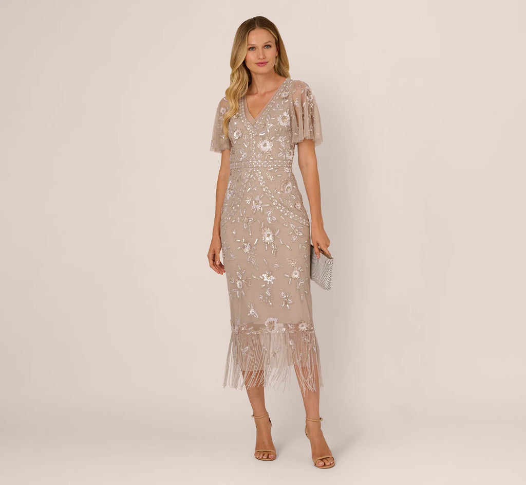 Flutter Sleeve Floral Beaded Fringe Midi Dress In Marble