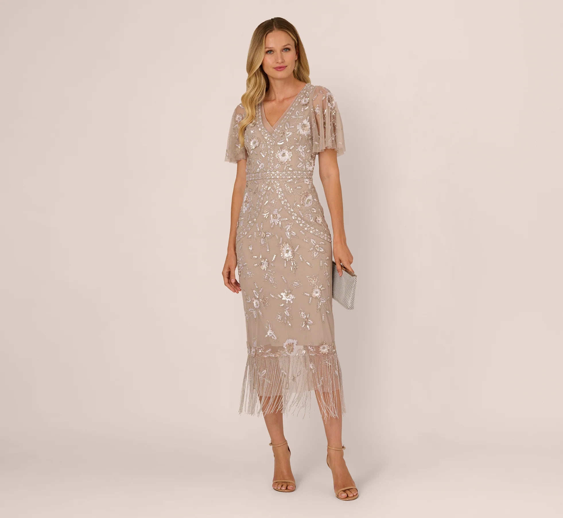 Flutter Sleeve Floral Beaded Fringe Midi Dress In Marble