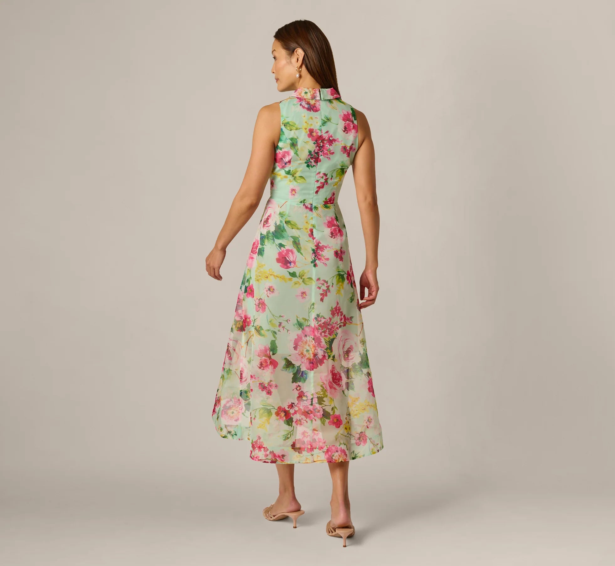 Collared Floral Organza High Low Midi Dress In Mint Multi