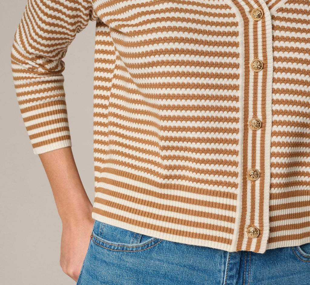 V Neck Button Front Cardigan Sweater In Ivory Camel