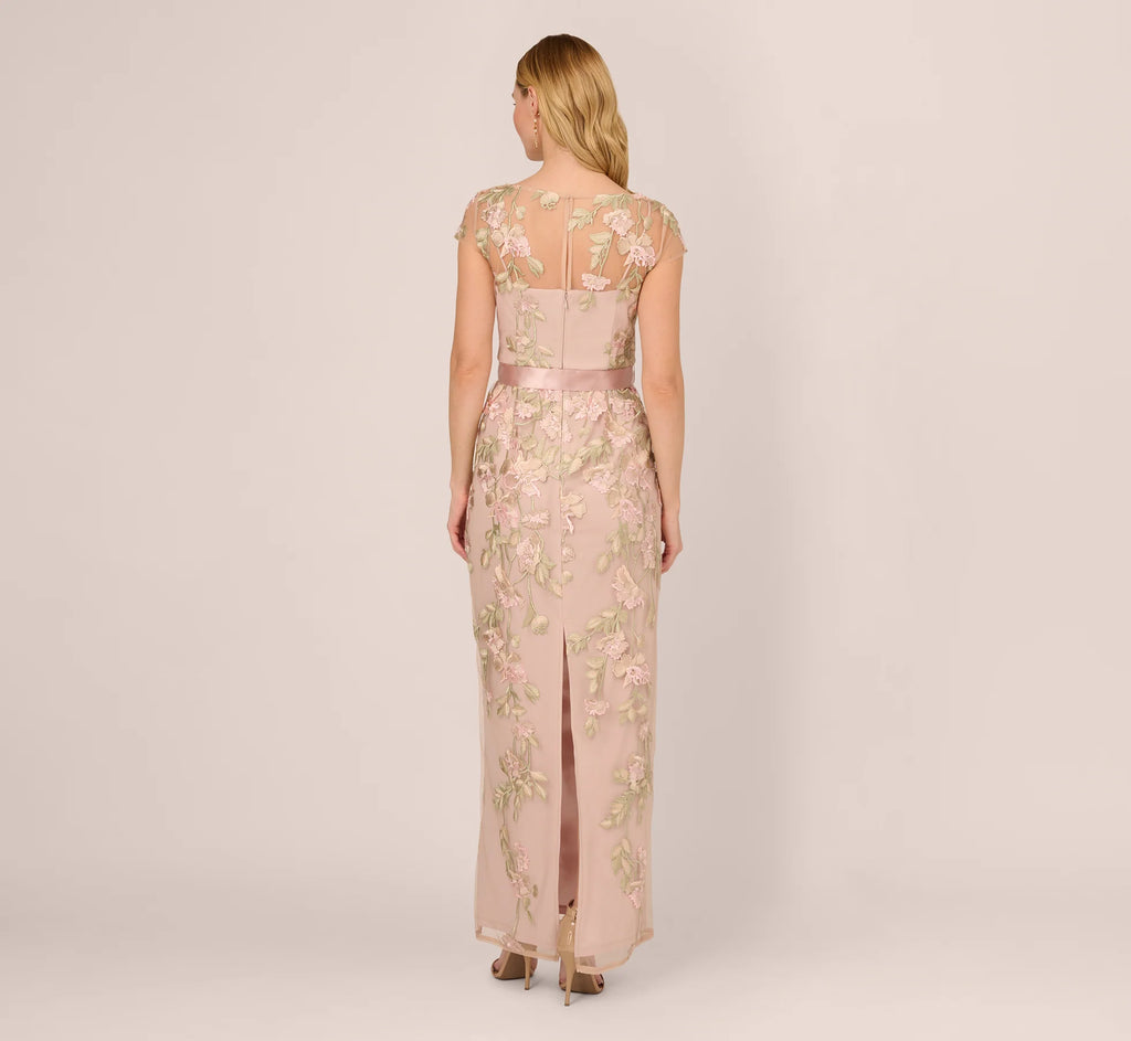 Short Sleeve Floral Embroidered Gown With Ribbon Tie Waist In Blush Nude Multi