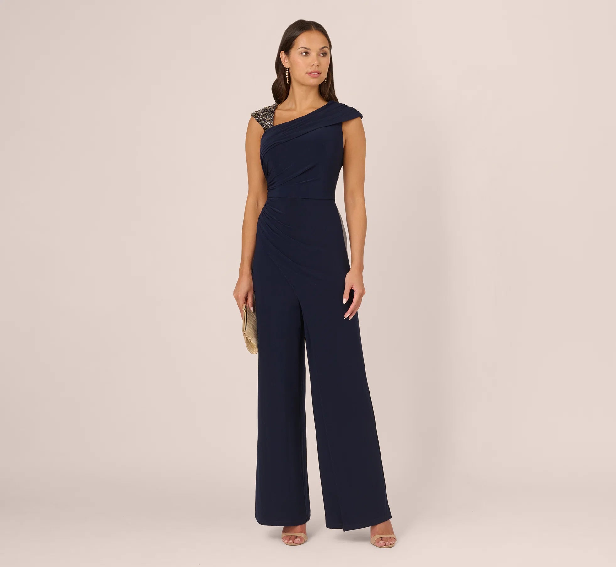 Wide Leg Shirred Jersey Jumpsuit With Beaded Strap In Midnight