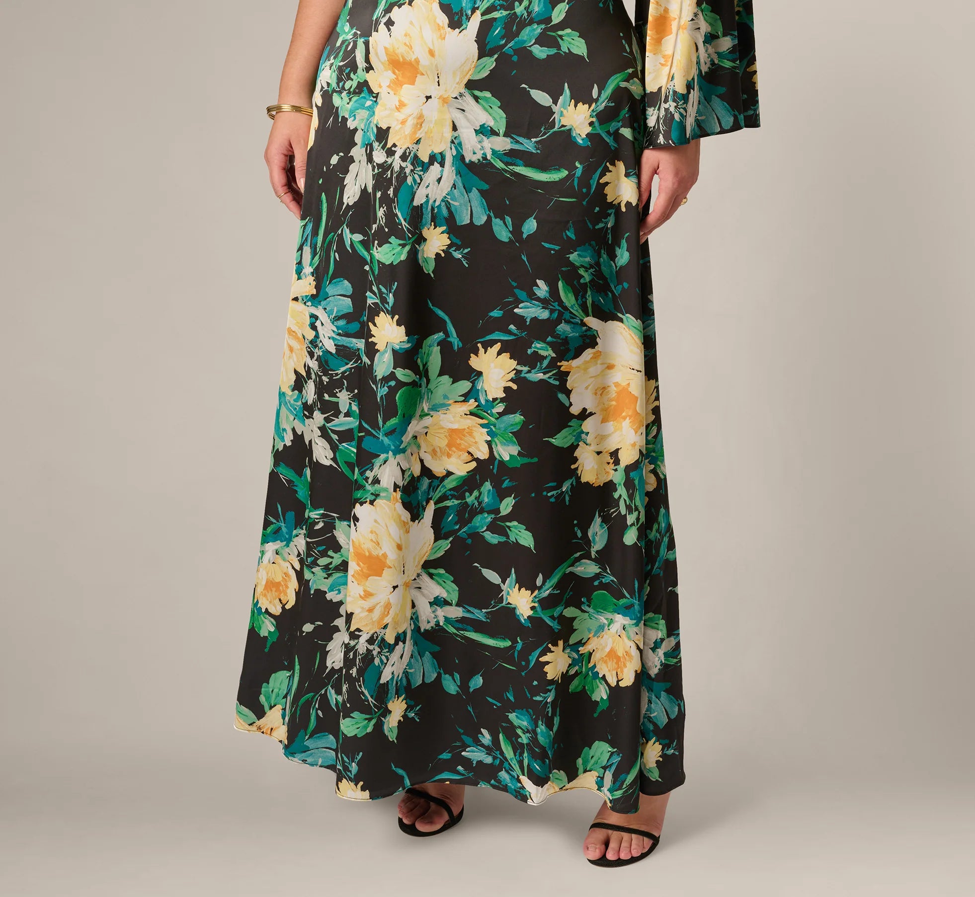 Plus Size One Shoulder Long Sleeve Floral Satin Gown In Black Multi