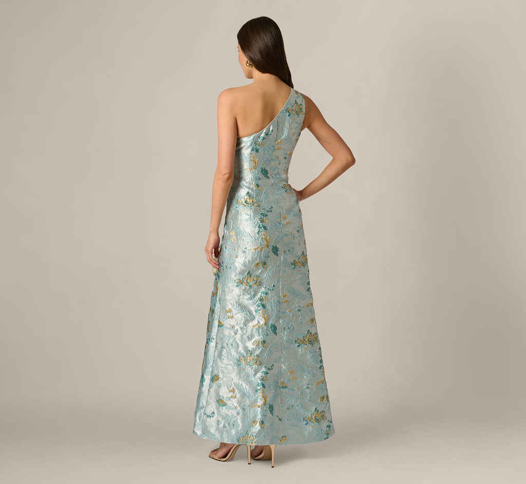 Petite One Shoulder Floral Jacquard Rosette Gown In Blue Multi
