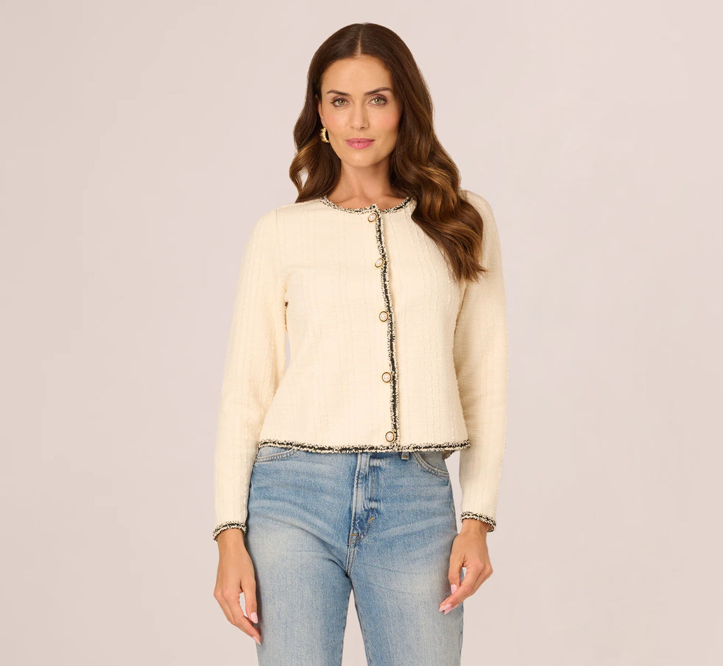 Fringe Trim Boucle Tweed Cardigan Jacket In Ivory Black