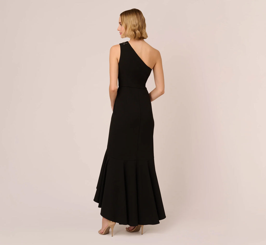 One Shoulder Ruffled Crepe Gown With Beaded Accent In Black
