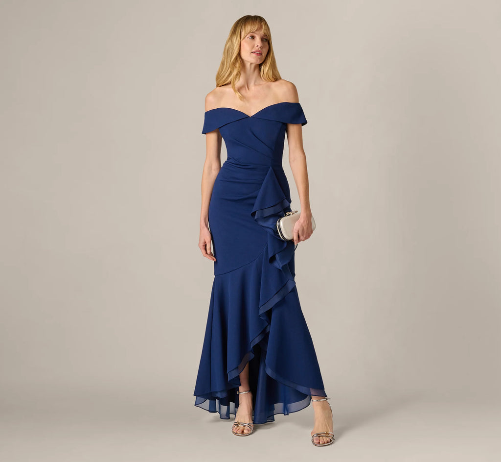 Off Shoulder Stretch Crepe Draped Gown In Navy Sateen