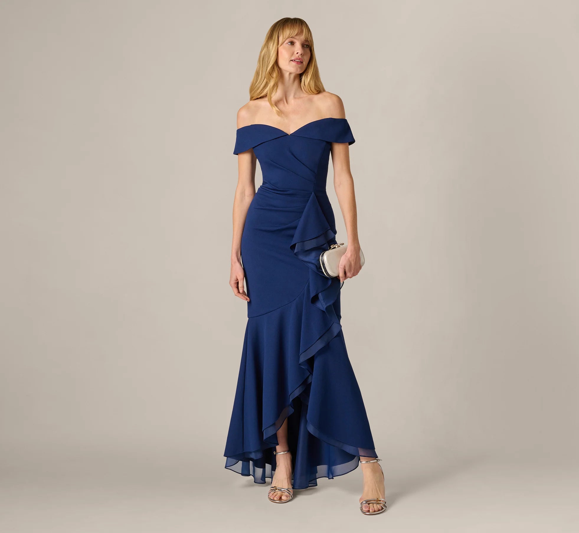 Off Shoulder Stretch Crepe Draped Gown In Navy Sateen