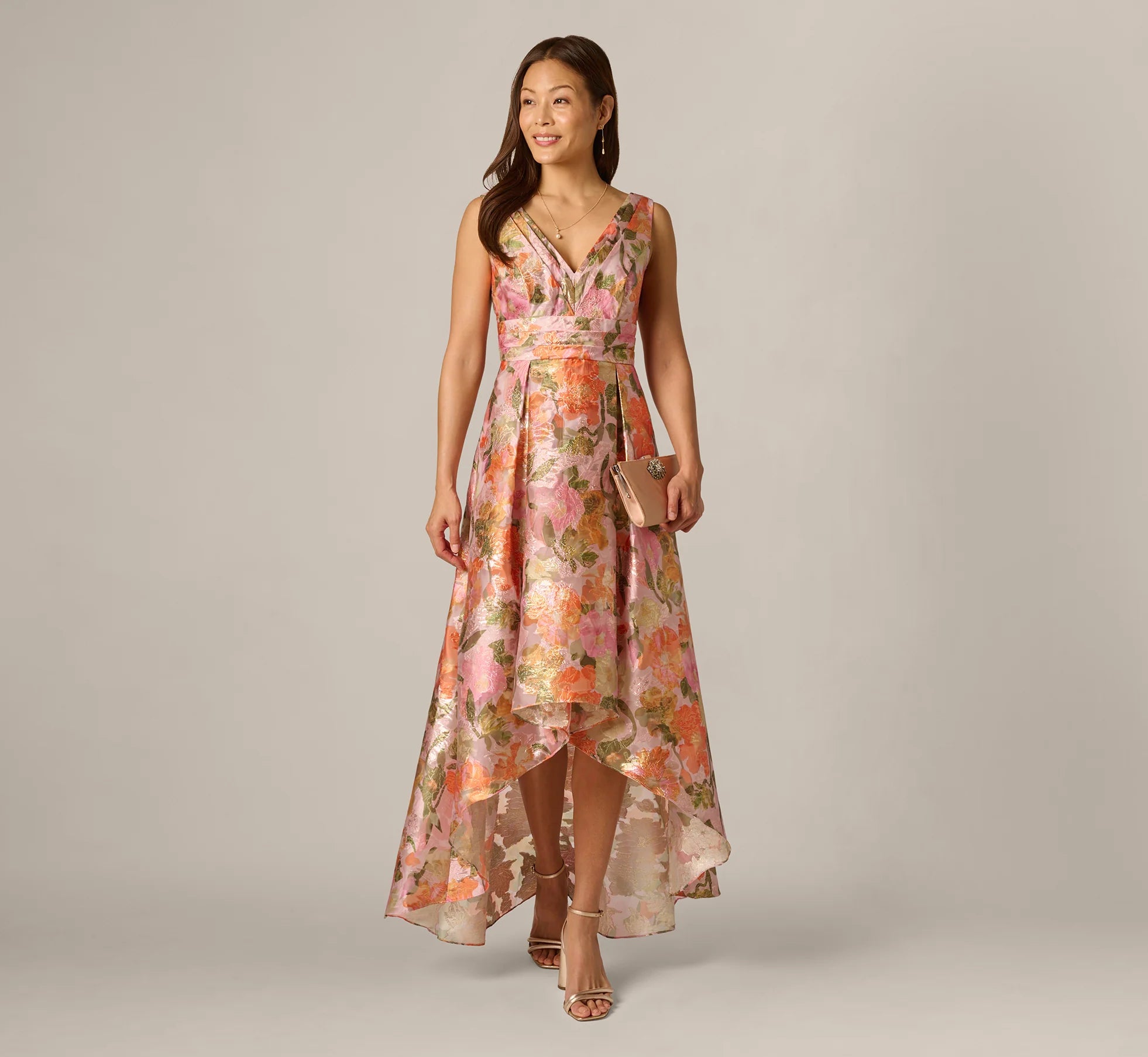 Metallic Floral Jacquard High Low Gown In Yellow Orange Multi