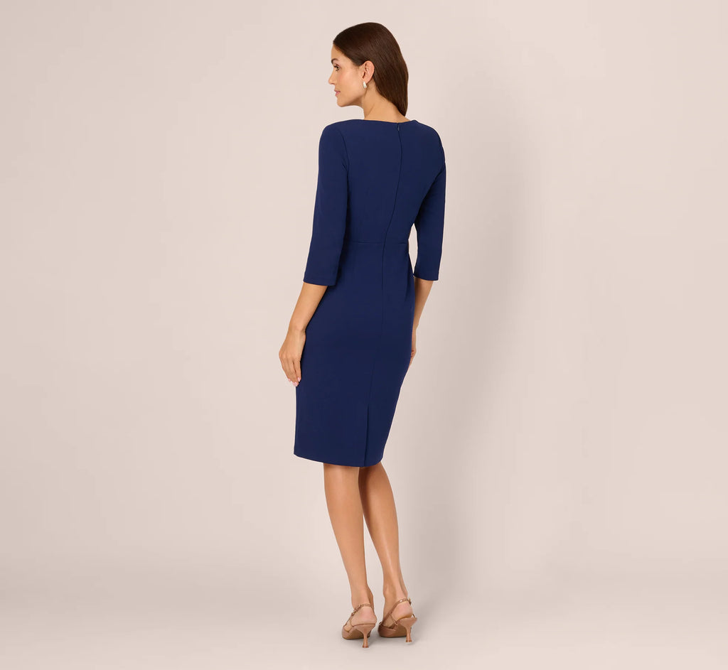 Three Quarter Sleeve Pleated Midi Dress With Tie Waist In Navy Sateen