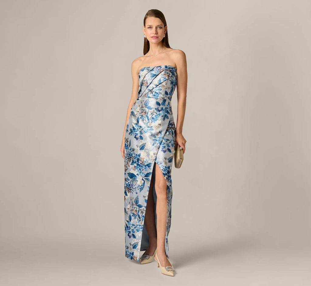 Strapless Pleated Floral Jacquard Wrap Gown In Blue Multi