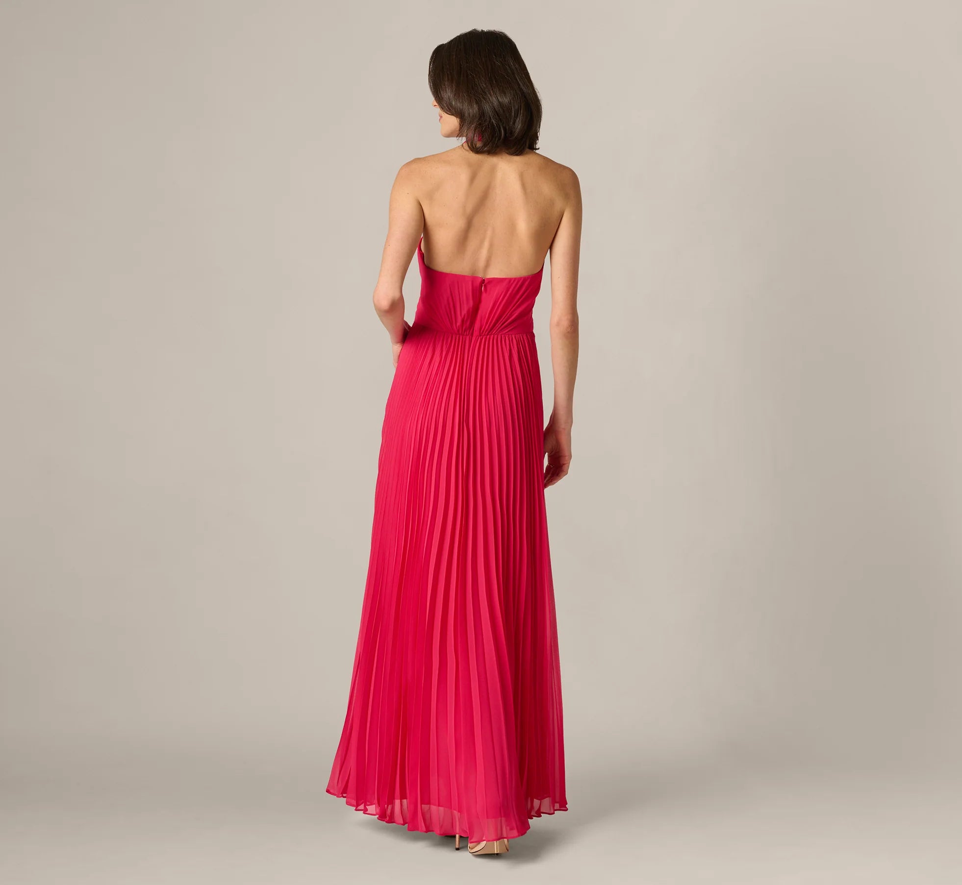 Pleated Chiffon Hardware Halter Gown In Pink Cherry