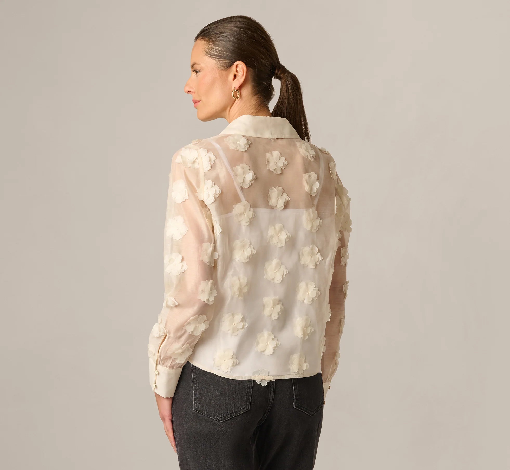 Long Sleeve Sheer 3D Floral Petal Blouse In Cream Frosting
