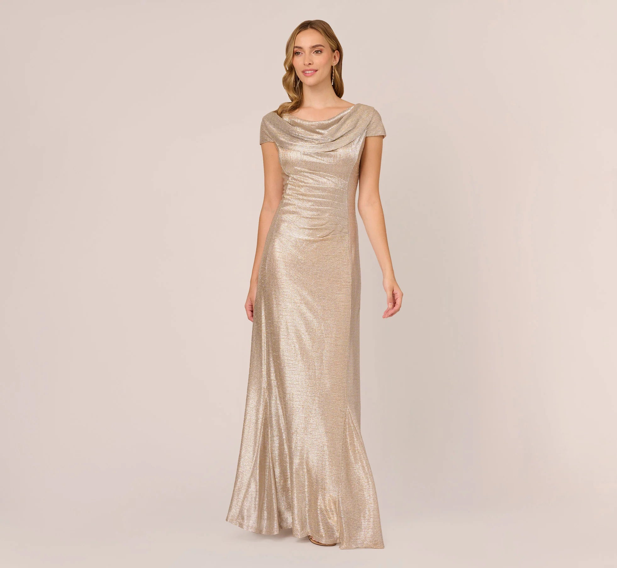 Metallic Foil Knit Draped Long Gown In Alabaster