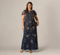 Plus Size Flutter Sleeve Floral Beaded Blouson Gown In Navy Rosegold