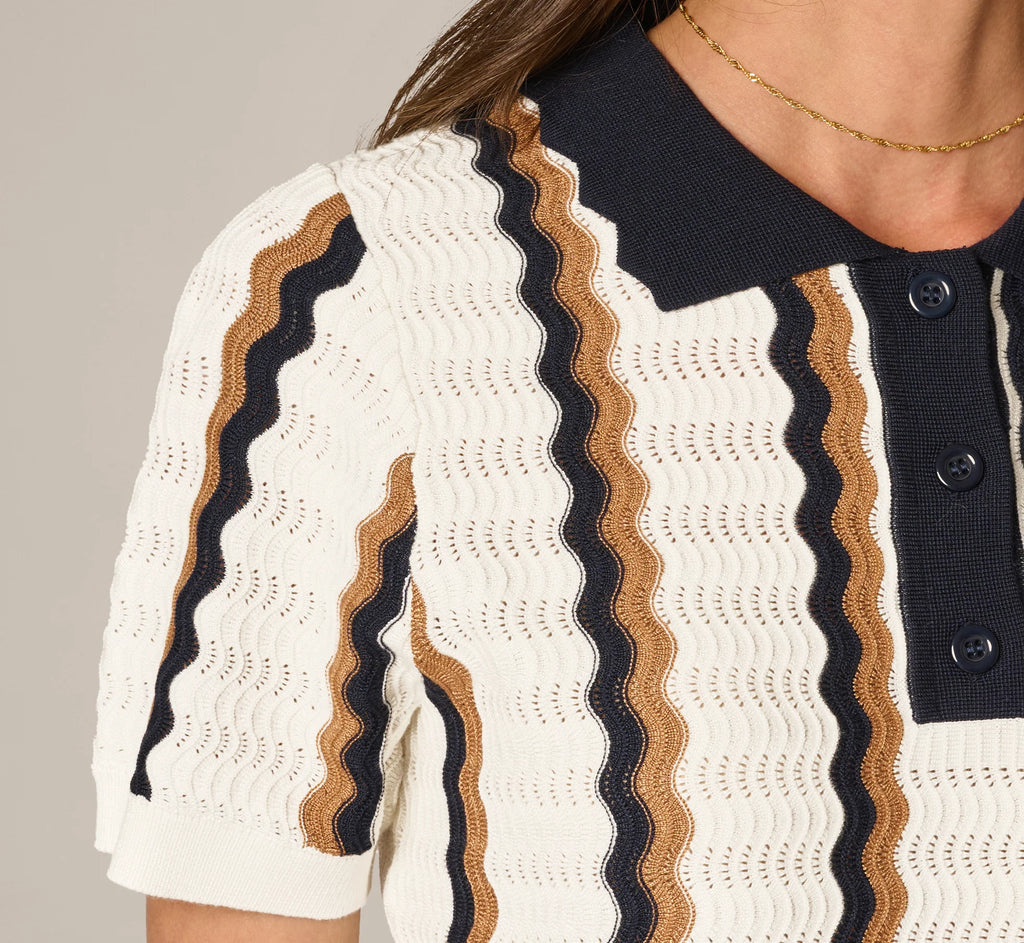 Open Knit Pointelle Scalloped Polo Sweater In Ivory Navy Camel