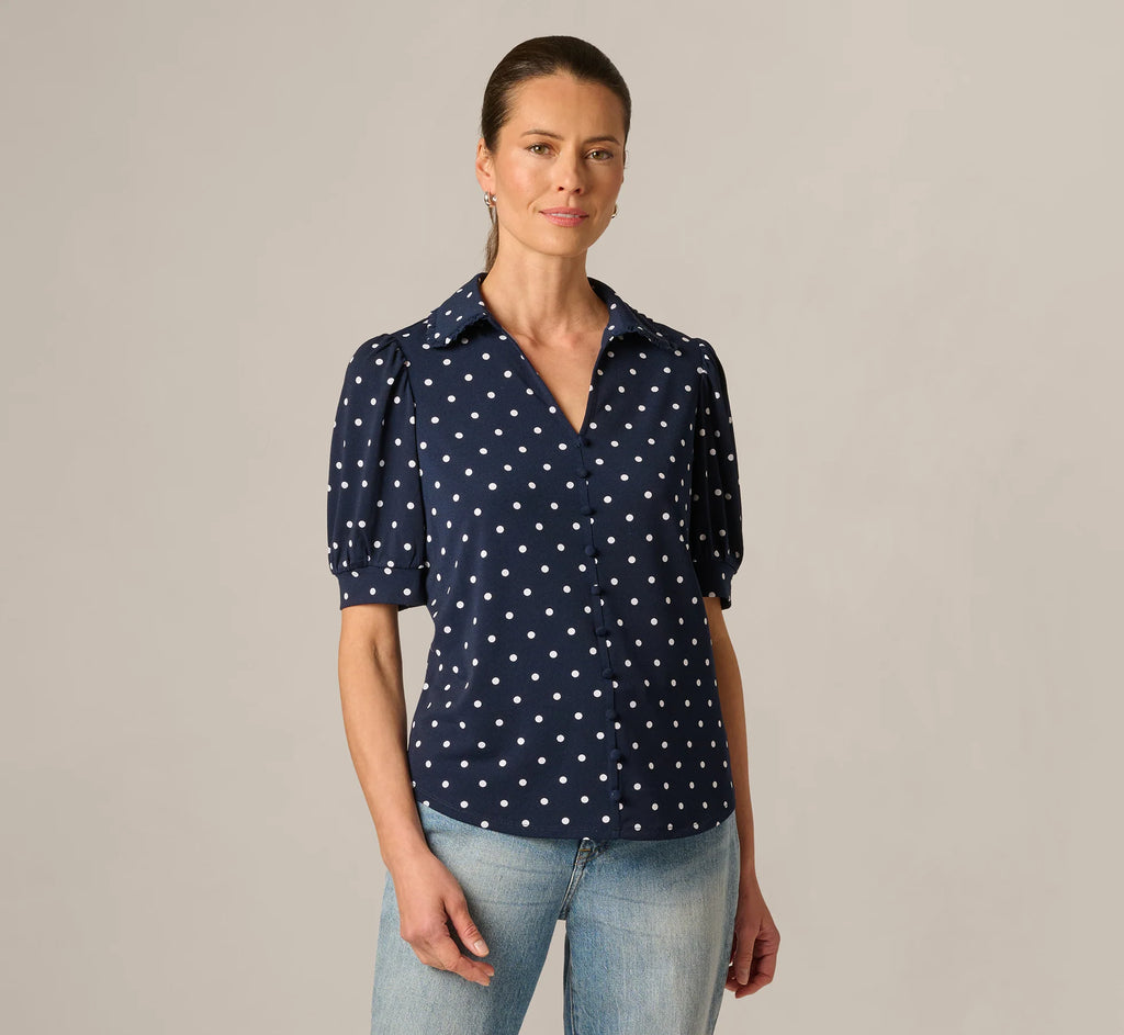 Puff Sleeve Ruffle Collared Top In Navy Ivory Timeless Dot