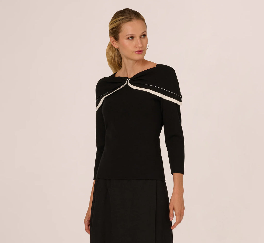 Off Shoulder Bow Collar Sweater In Black Ivory