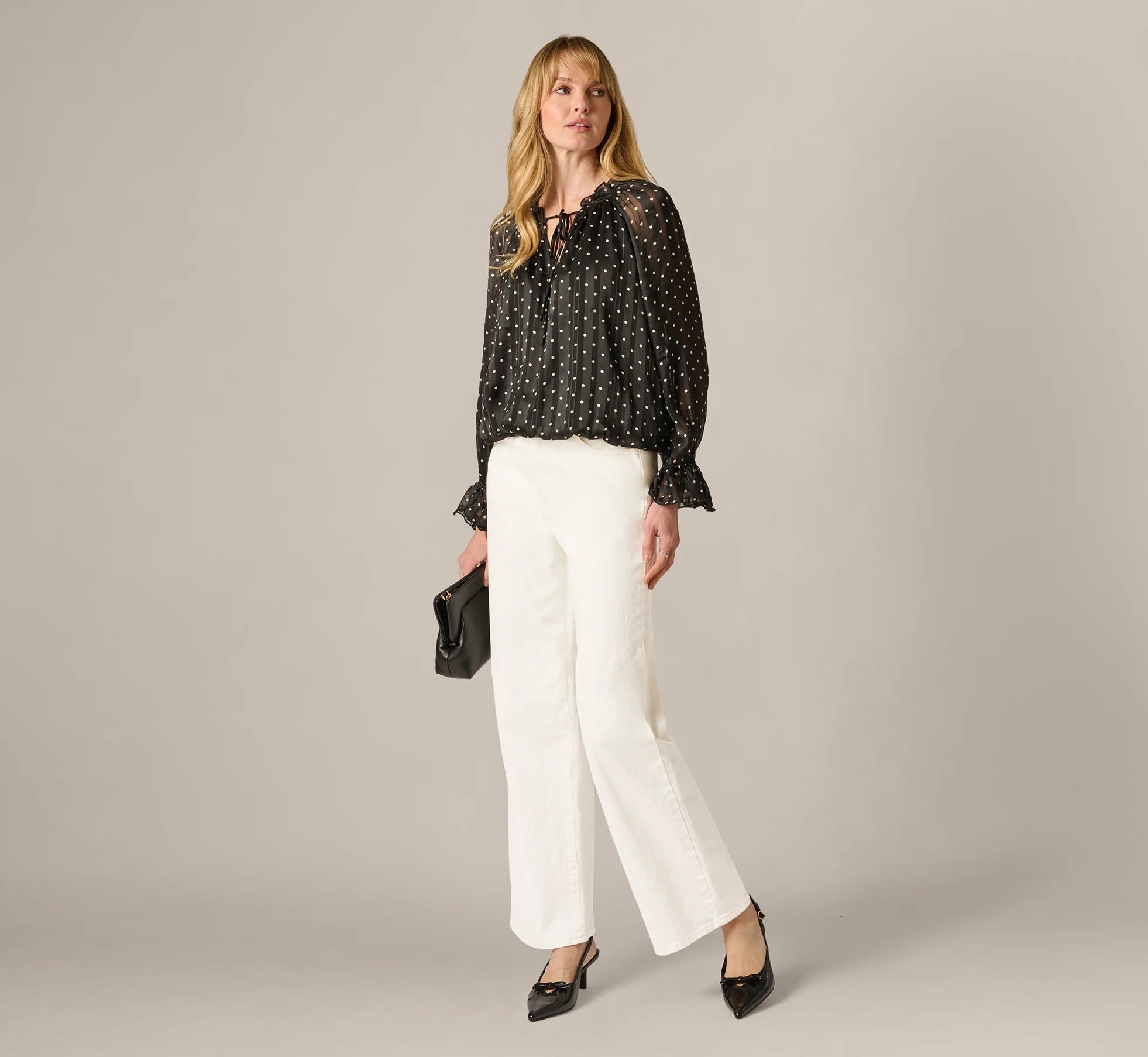 Long Sleeve Chiffon Ruffle Blouse In Black Cream Dot