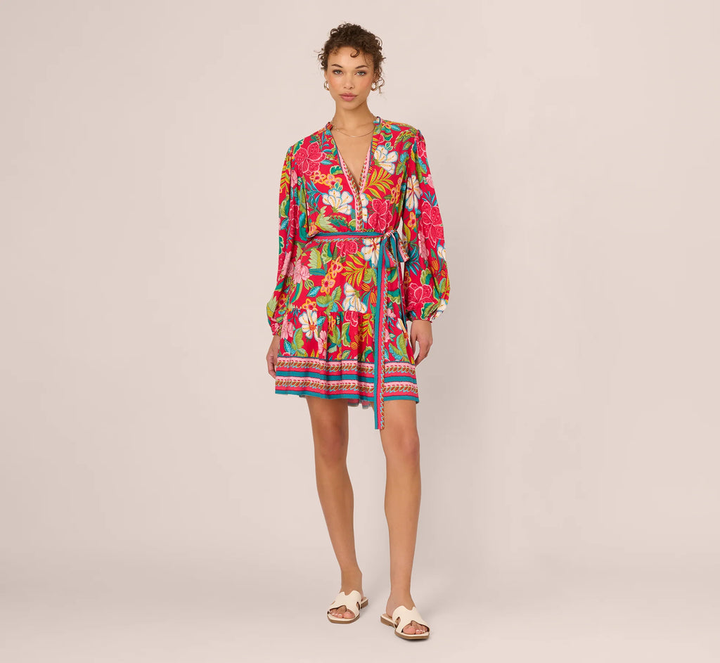 Bishop Sleeve Tropical Floral Short Dress In Red Multi