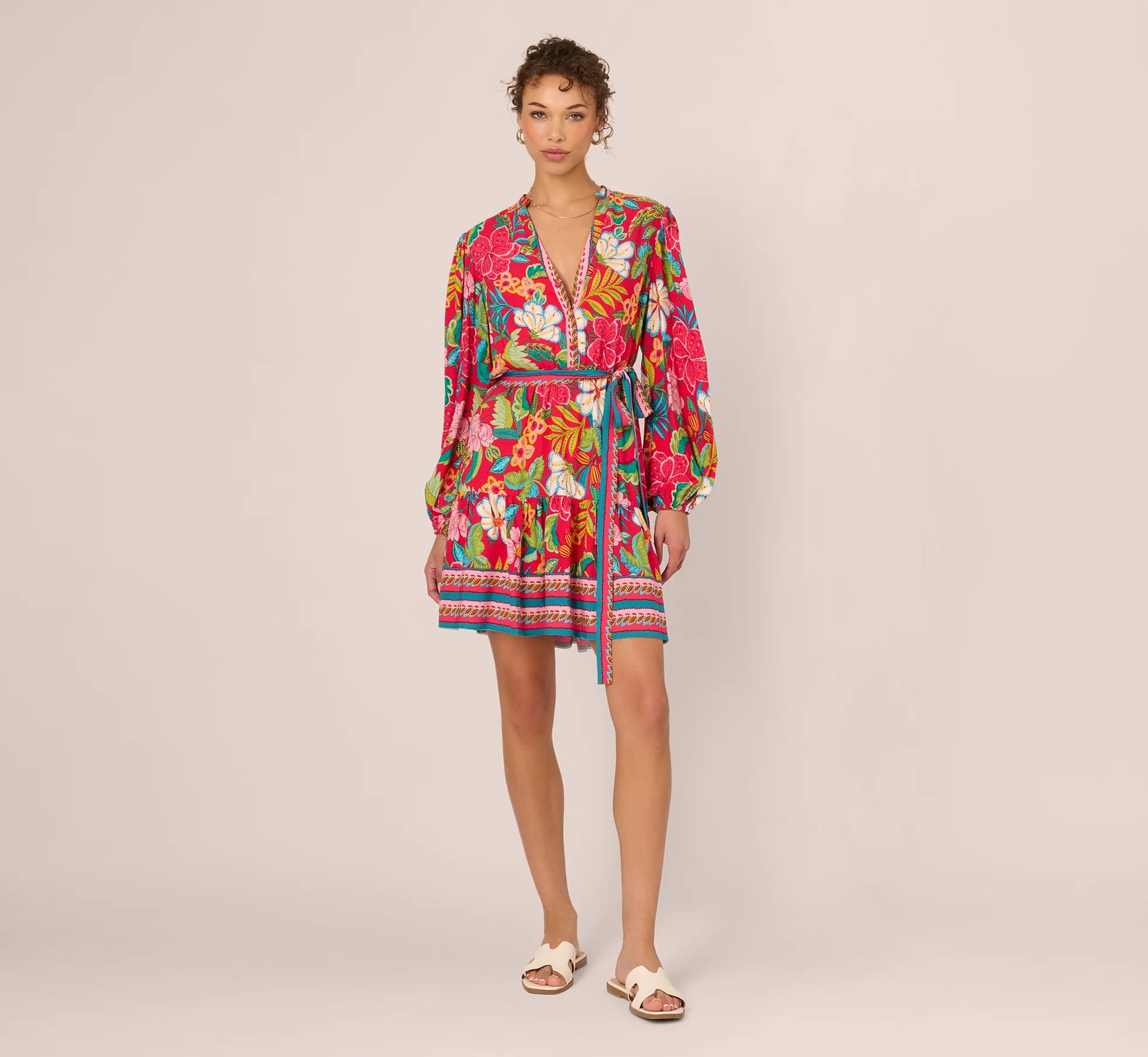 Bishop Sleeve Tropical Floral Short Dress In Red Multi