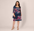 Plus Size Three Quarter Sleeve Floral Sheath Dress In Navy Pink Multi