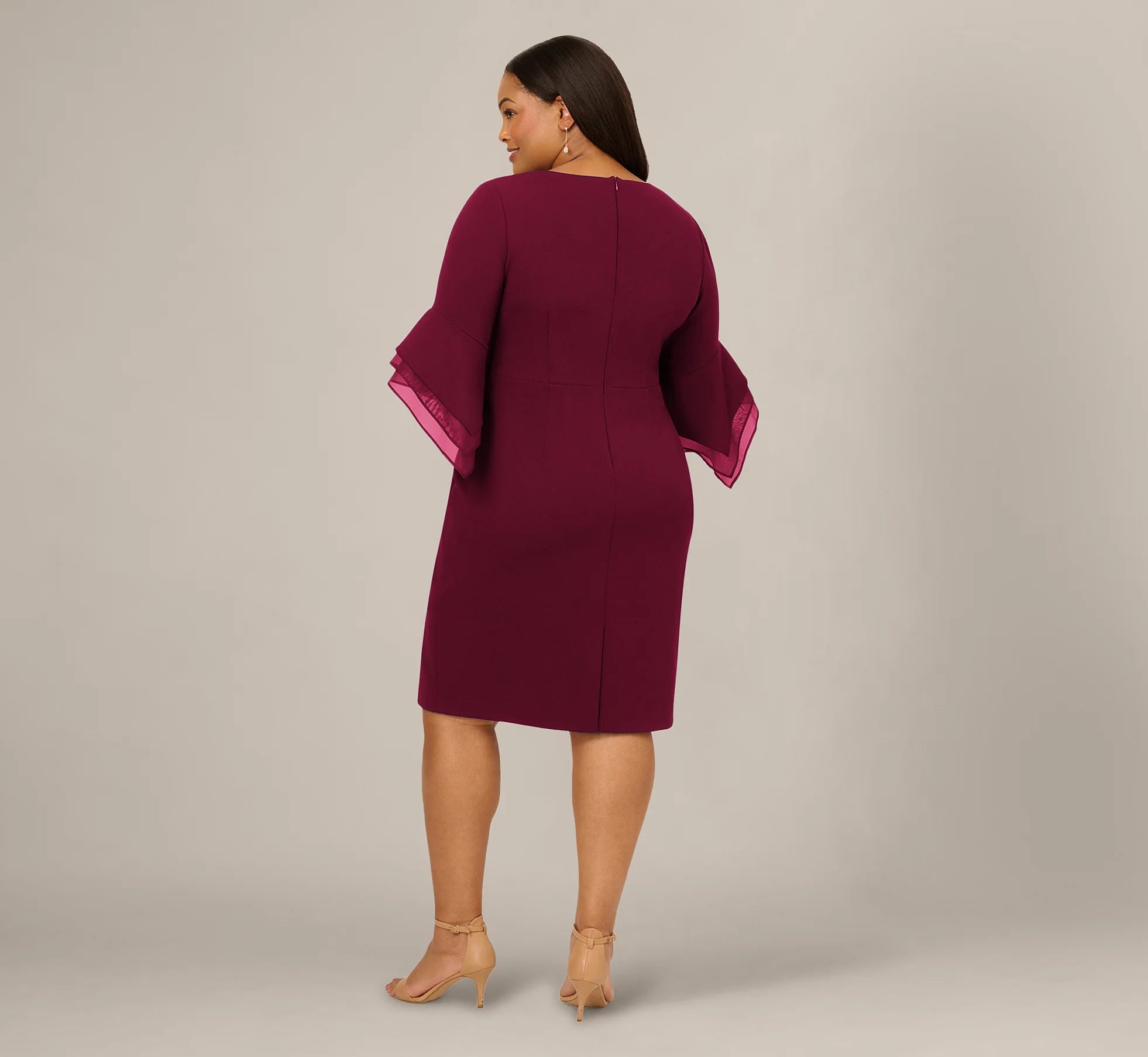Plus Size Three Quarter Bell Sleeve Sheath Midi Dress In Cabernet