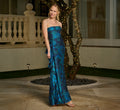 Strapless Draped Floral Jacquard Gown In Cobalt Multi