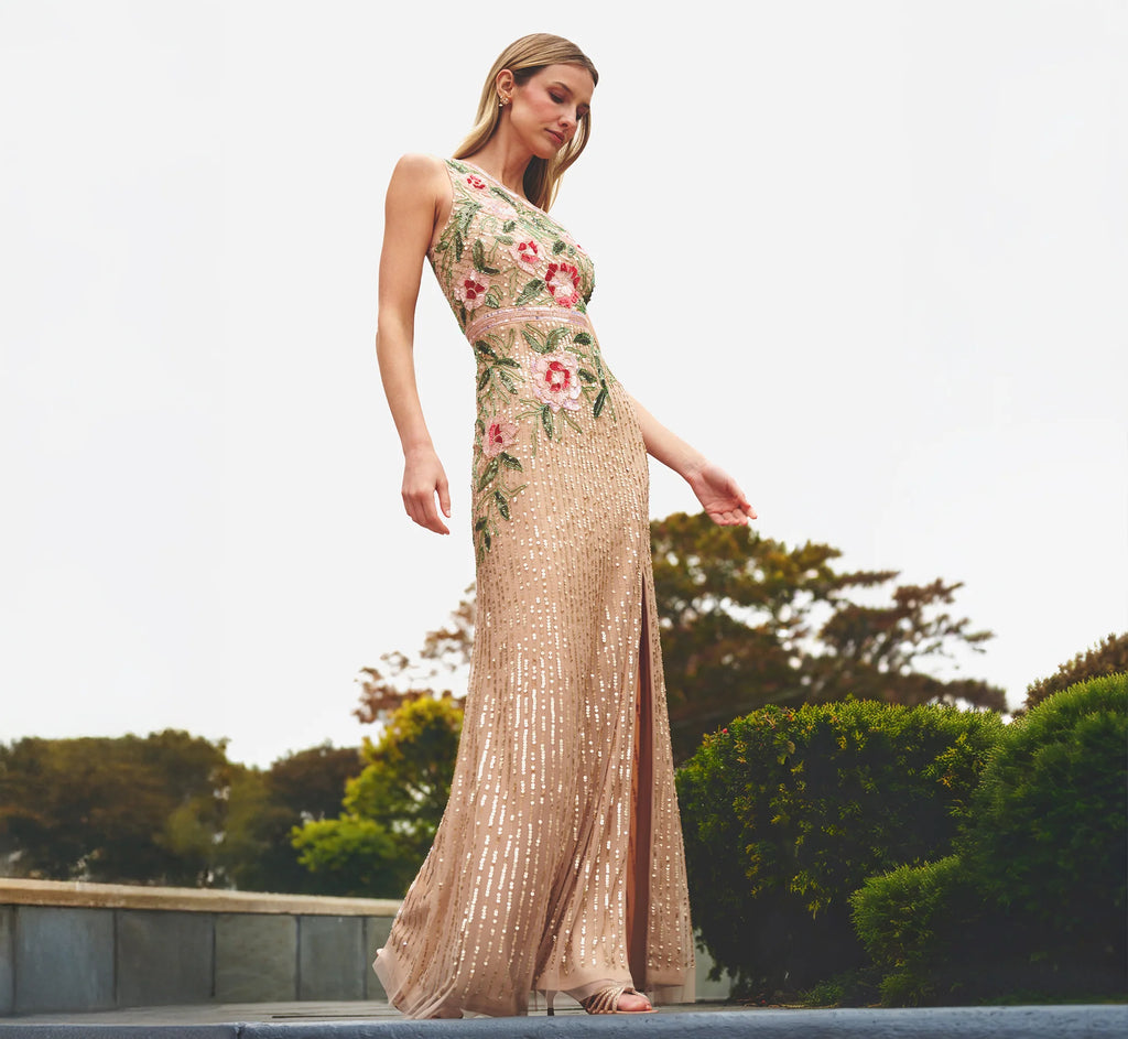 One Shoulder Floral Sequin Bead Gown In Nude Multi