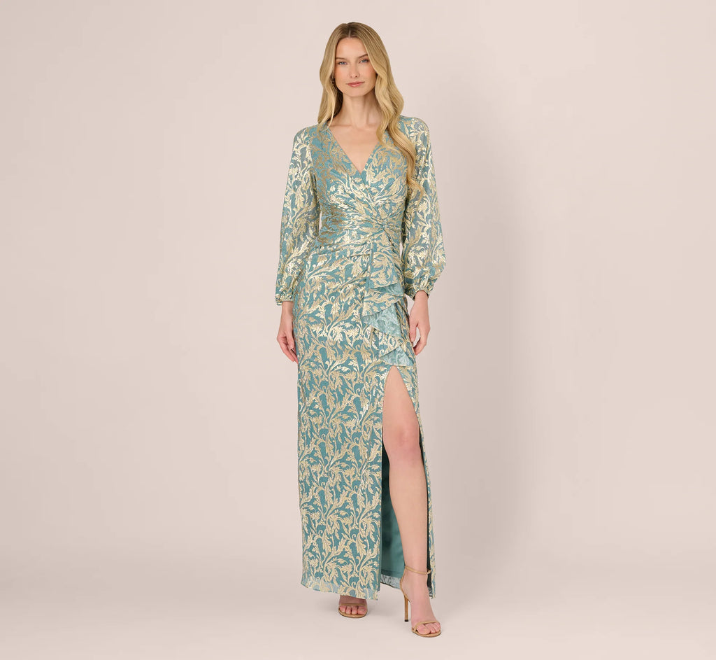 Long Sleeve Metallic Crinkle Drape Gown In Mint Gold