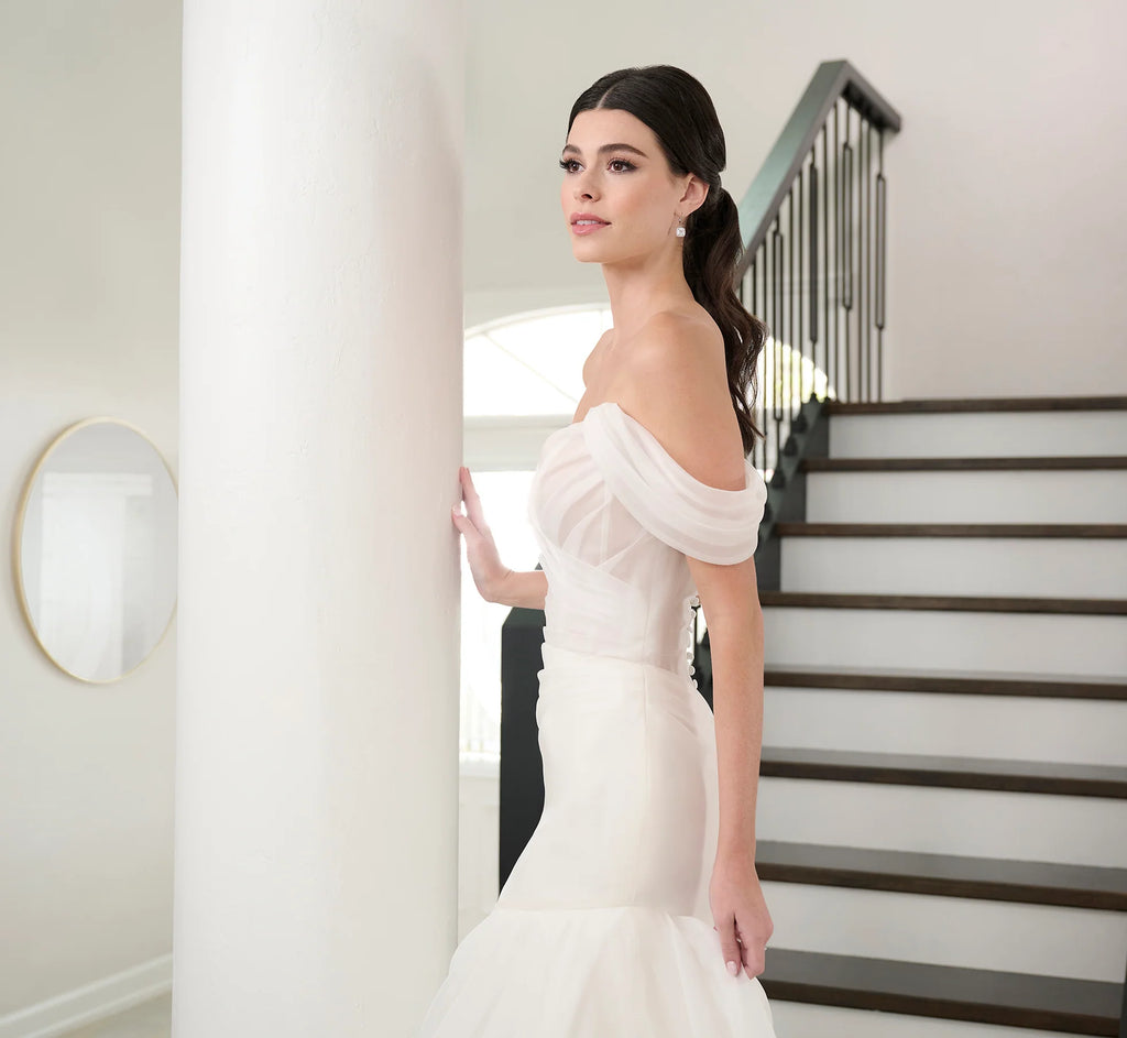 Watercolor Printed Organza Gown In Ivory
