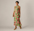 Draped Floral Chiffon Halter Trapeze Gown In Lime Multi