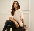 Three Quarter Sleeve Fringe Trim Sweater In Cream