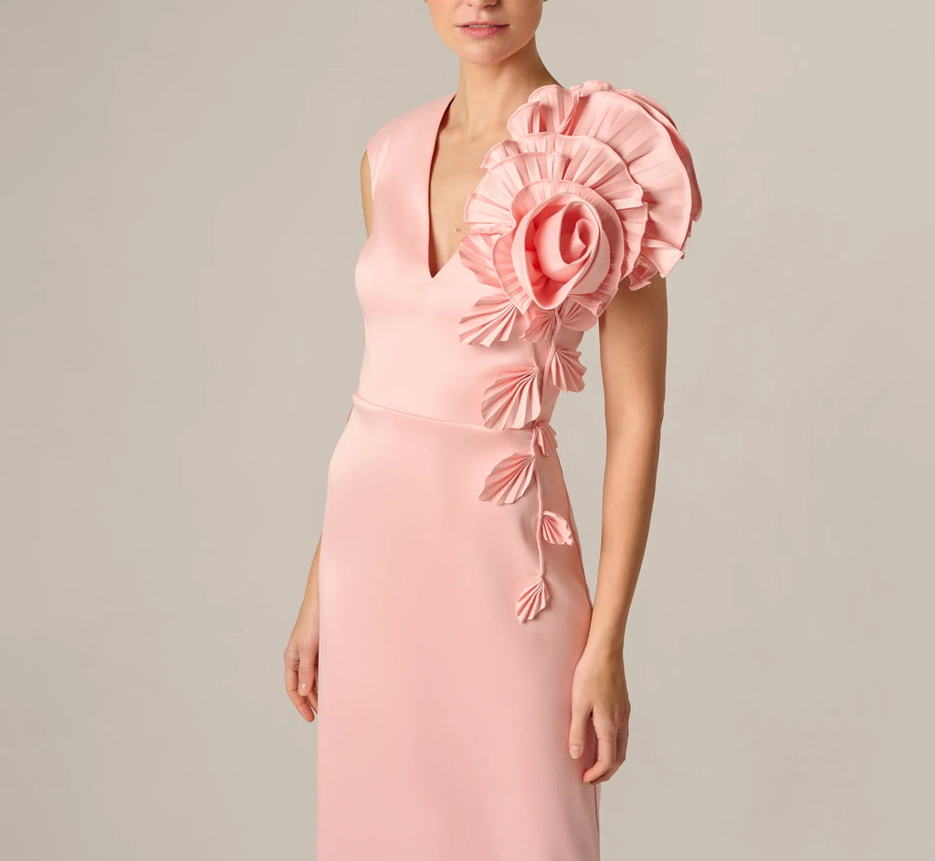 Stretch Mikado Rosette Shoulder Gown In Pink Cloud