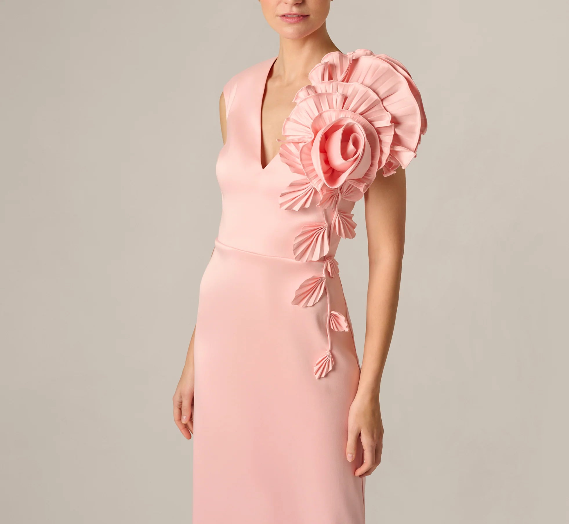 Stretch Mikado Rosette Shoulder Gown In Pink Cloud