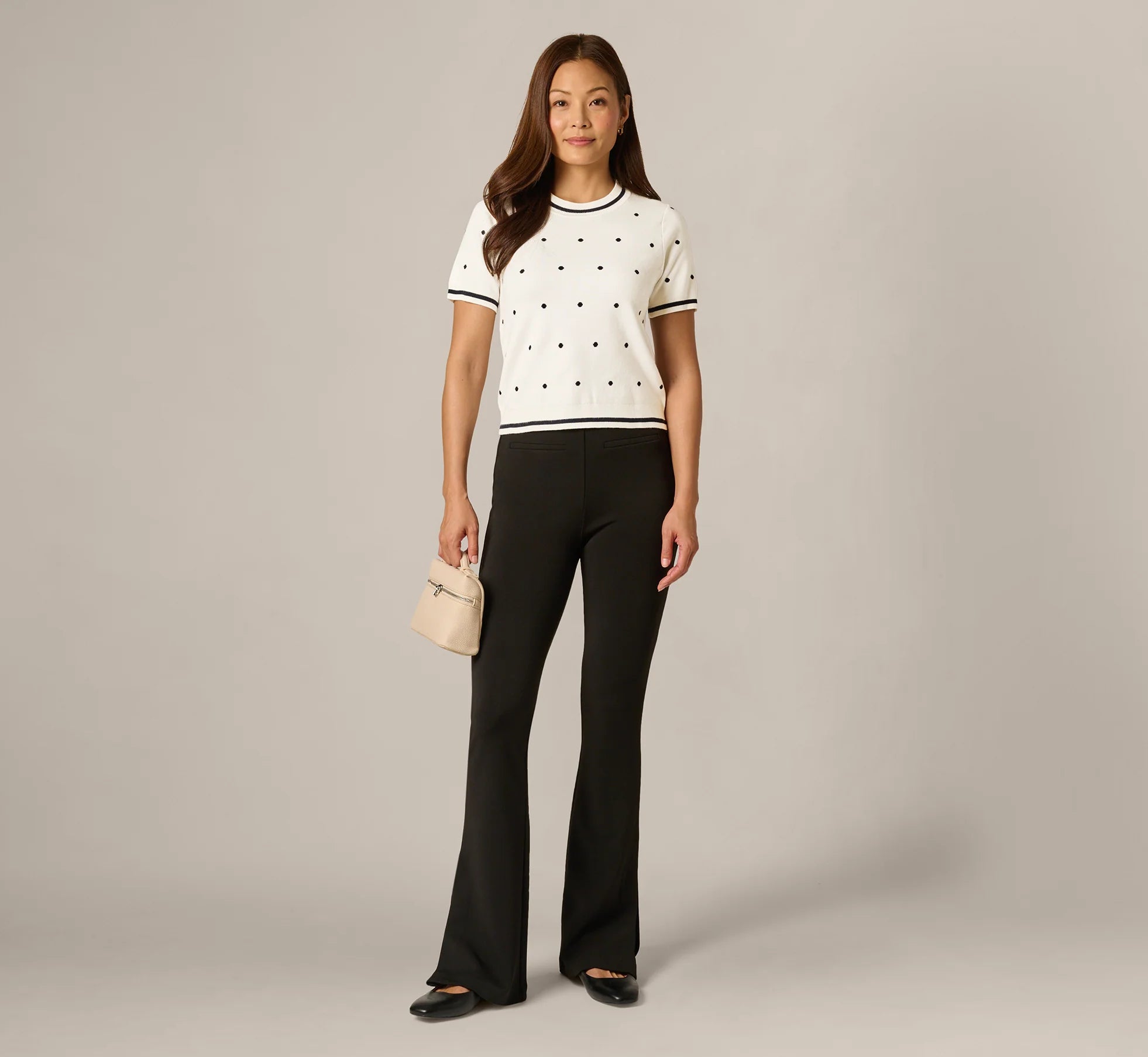 Short Sleeve Chain Patterned Knit Top In Ivory Navy Medium Simple Dot