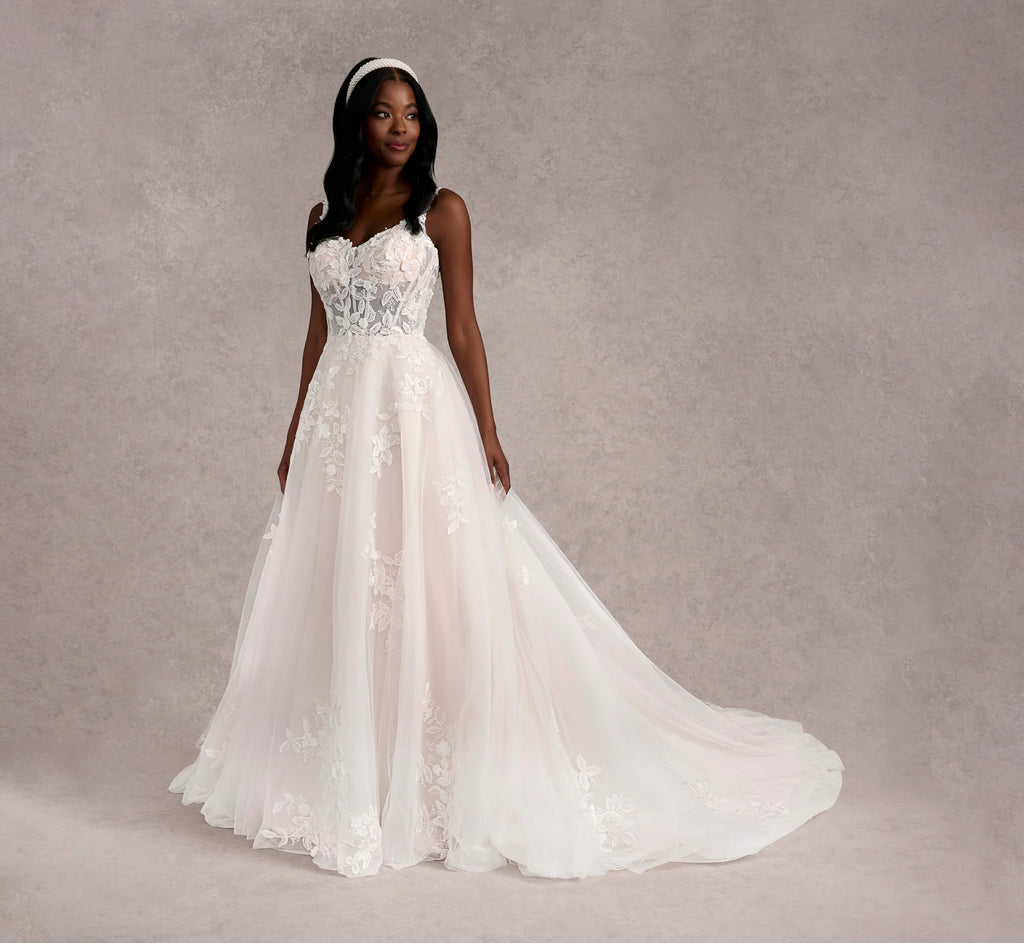 Hand Beaded 3D Floral Lace And Tulle A-Line Gown In Ivory Almond Nude