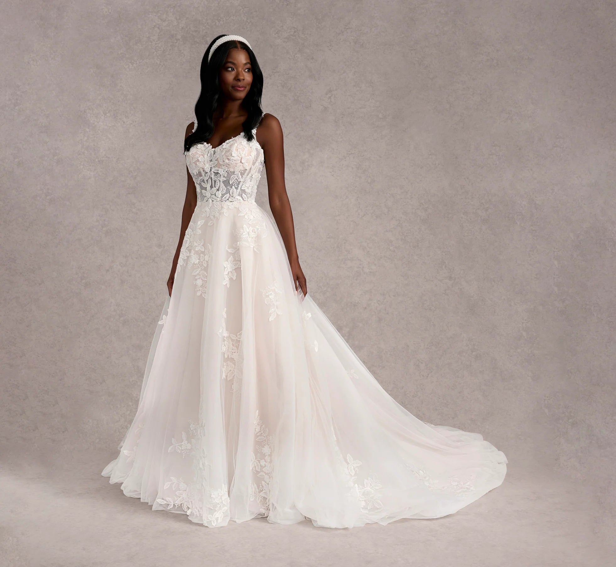 Hand Beaded 3D Floral Lace And Tulle A-Line Gown In Ivory Almond Nude